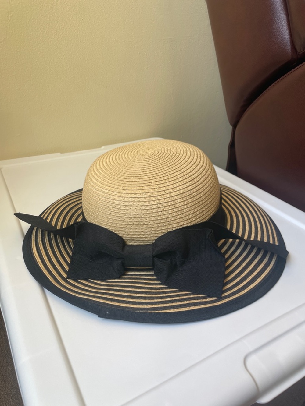 Striped Straw Sun Hat with Black Bow